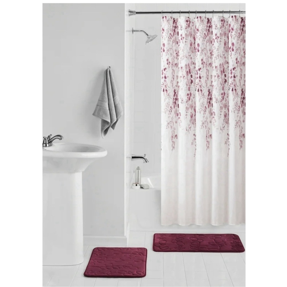 Mainstays Wisteria Mauve Floral Polyester Shower Curtain Set, 15-Piece